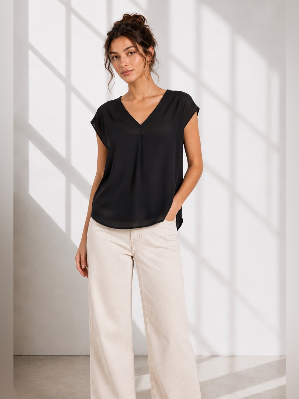 Elegant Black V-Neck Blouse with Contrast Fabric & Relaxed Silhouette